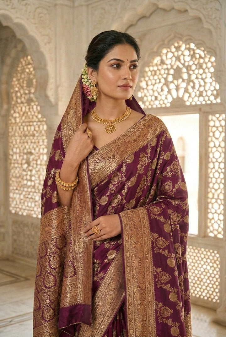 Wine Banaras Floral Pattu Saree
