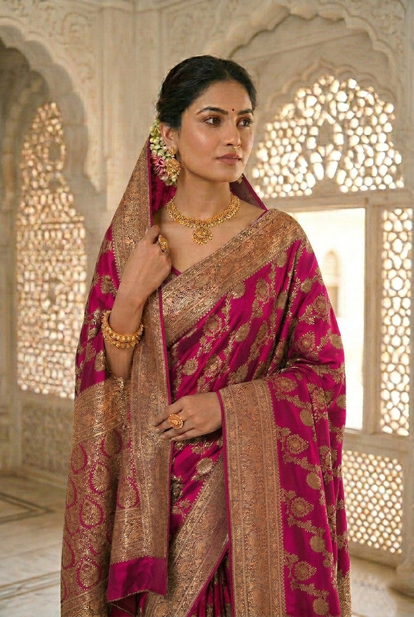 Neerus Pink Banarasi woven Saree - back view