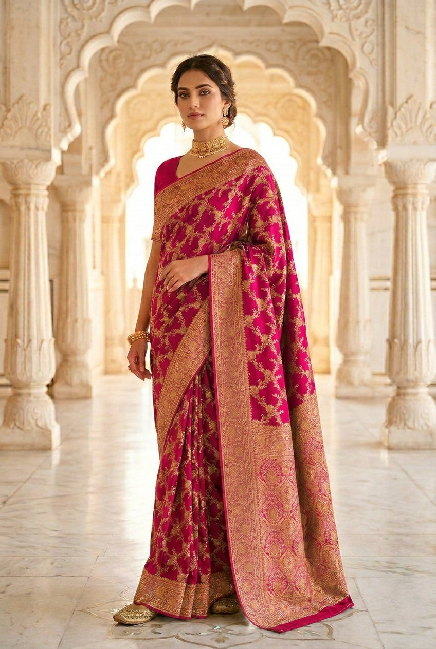 Neerus Pink Banarasi woven Saree - front view