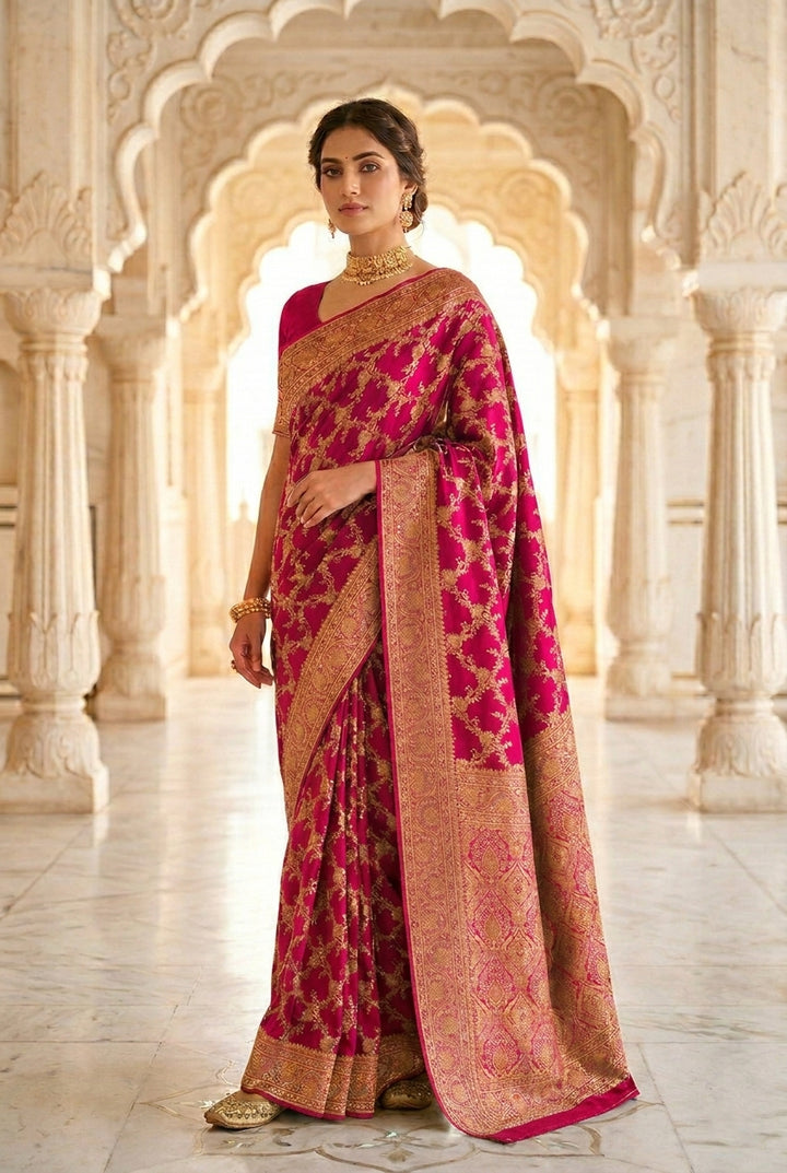 Neerus Pink Banarasi woven Saree - front view