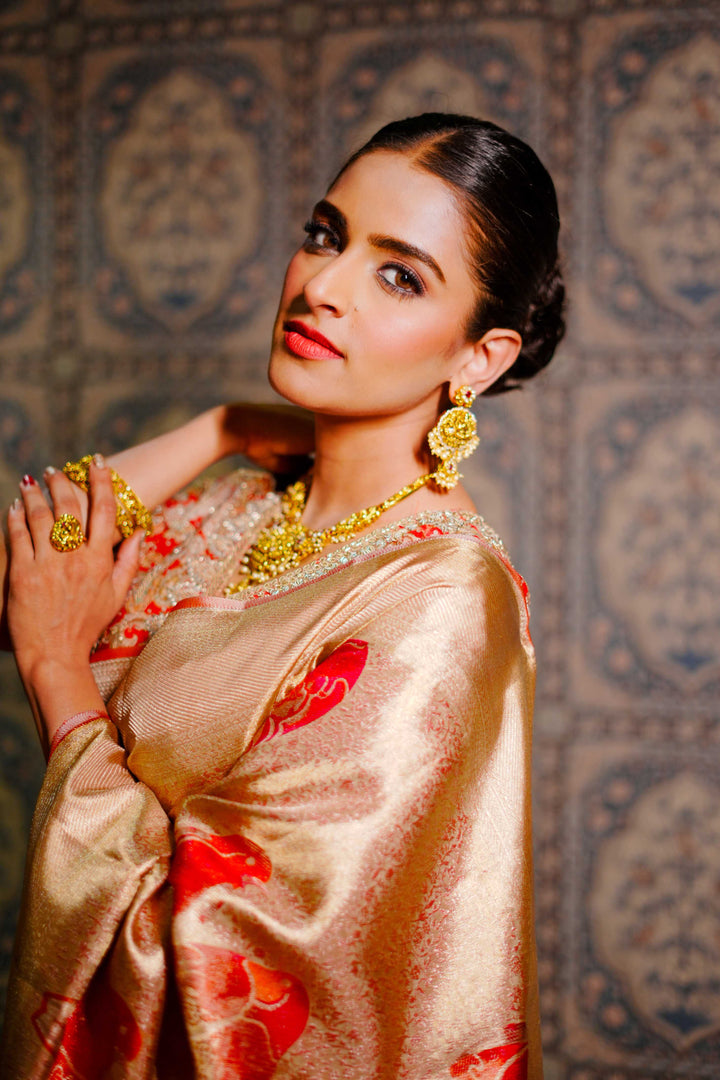 Neerus Gold Pure Silk Saree with Blouse