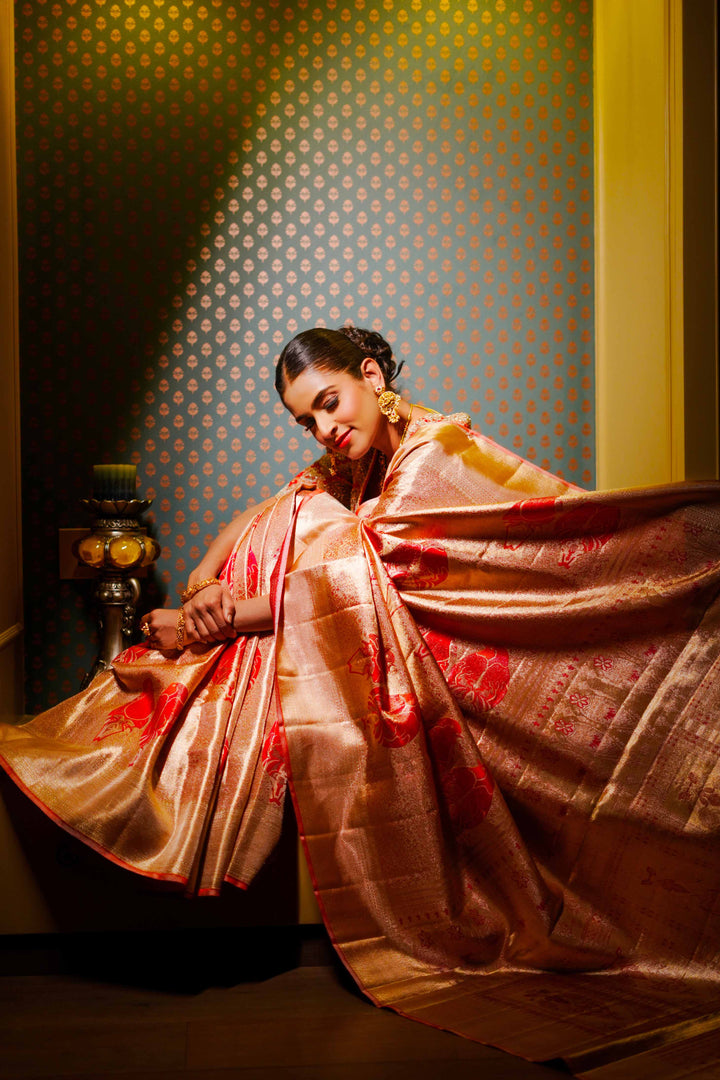 Neerus Gold Pure Silk Saree with Blouse