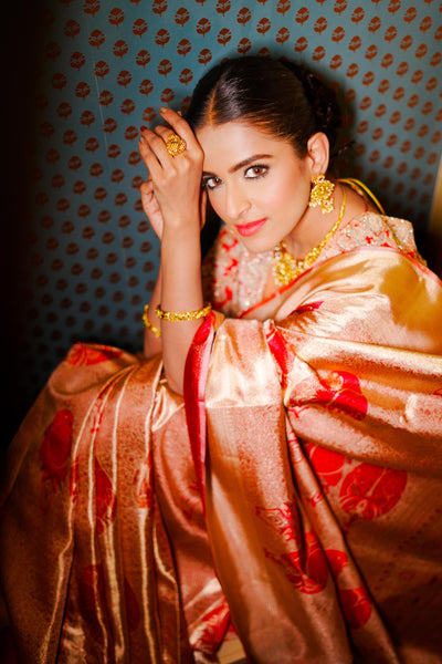 Neerus Gold Pure Silk Saree with Blouse