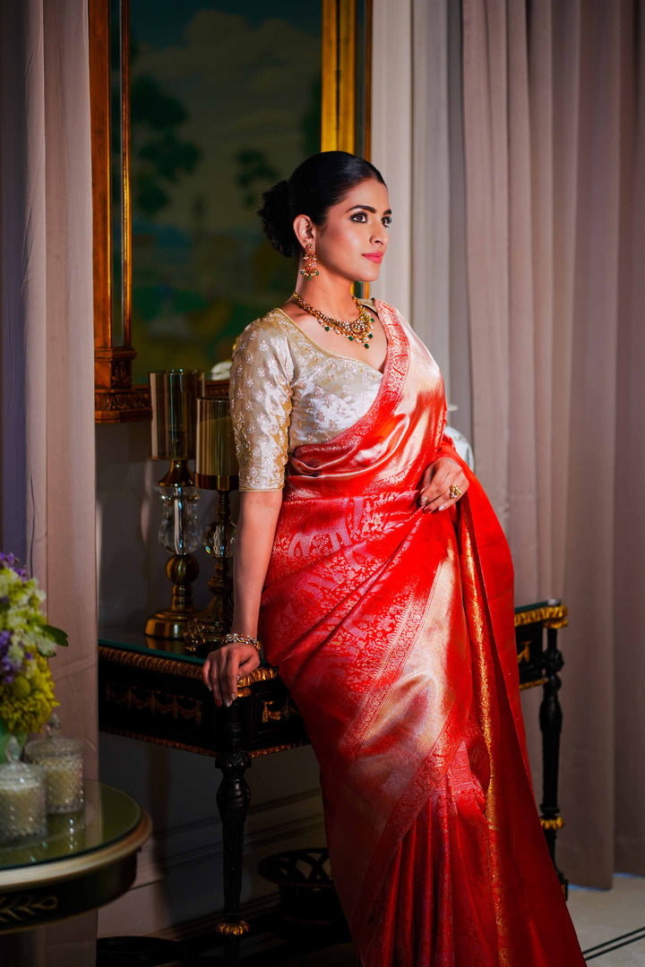 Neerus Red Pure Silk Saree with Blouse