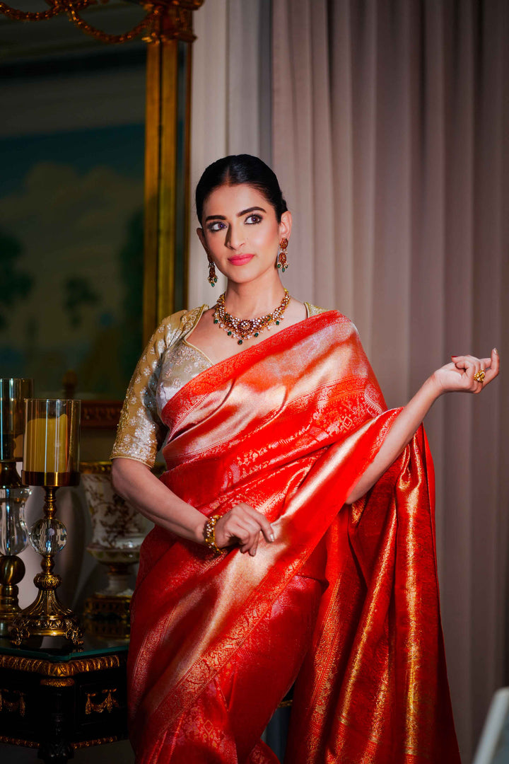 Neerus Red Pure Silk Saree with Blouse