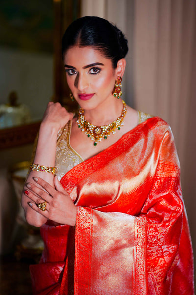 Neerus Red Pure Silk Saree with Blouse