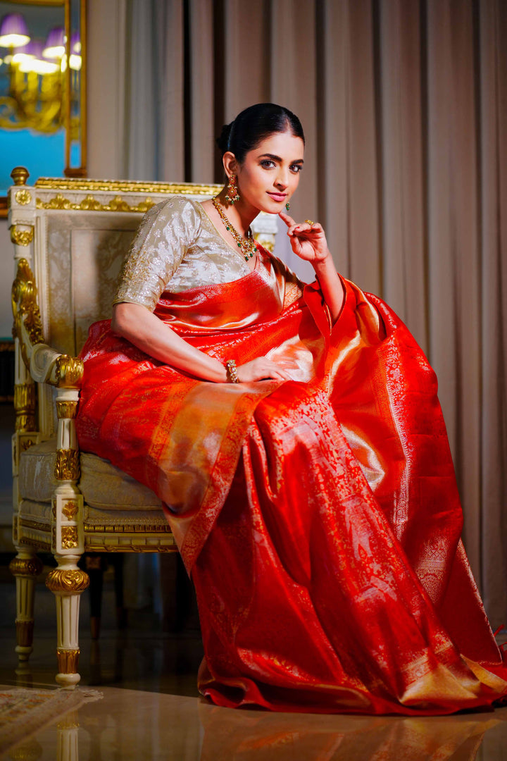 Neerus Red Pure Silk Saree with Blouse