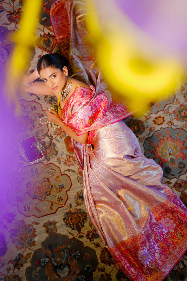 Neerus Gold Pure Silk Saree with Blouse