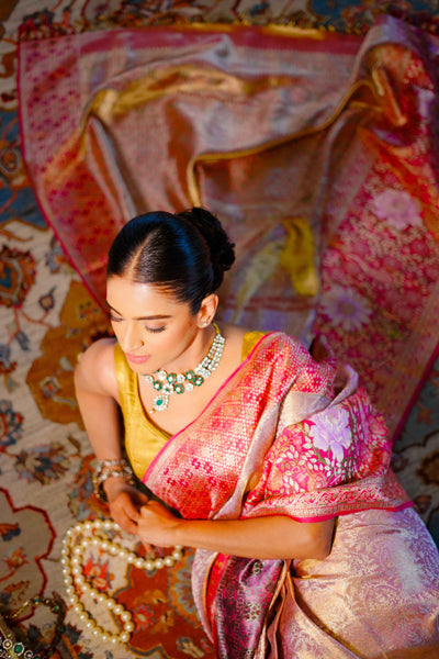Neerus Gold Pure Silk Saree with Blouse