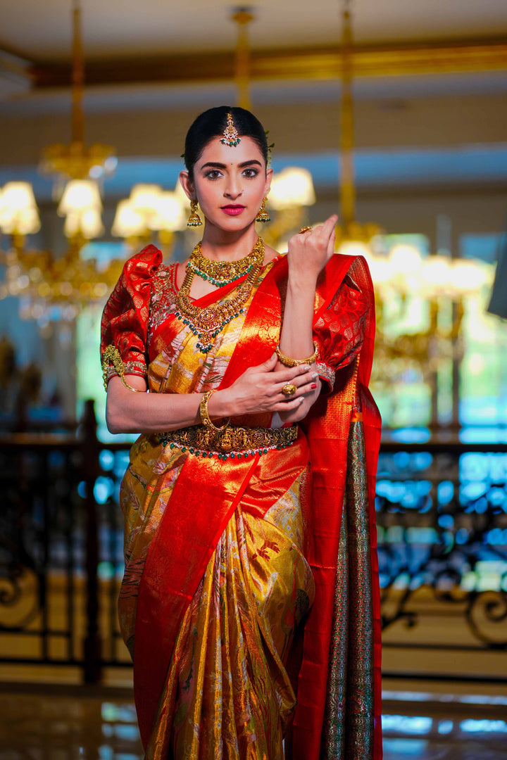 Neerus Gold Pure Silk Saree with Blouse