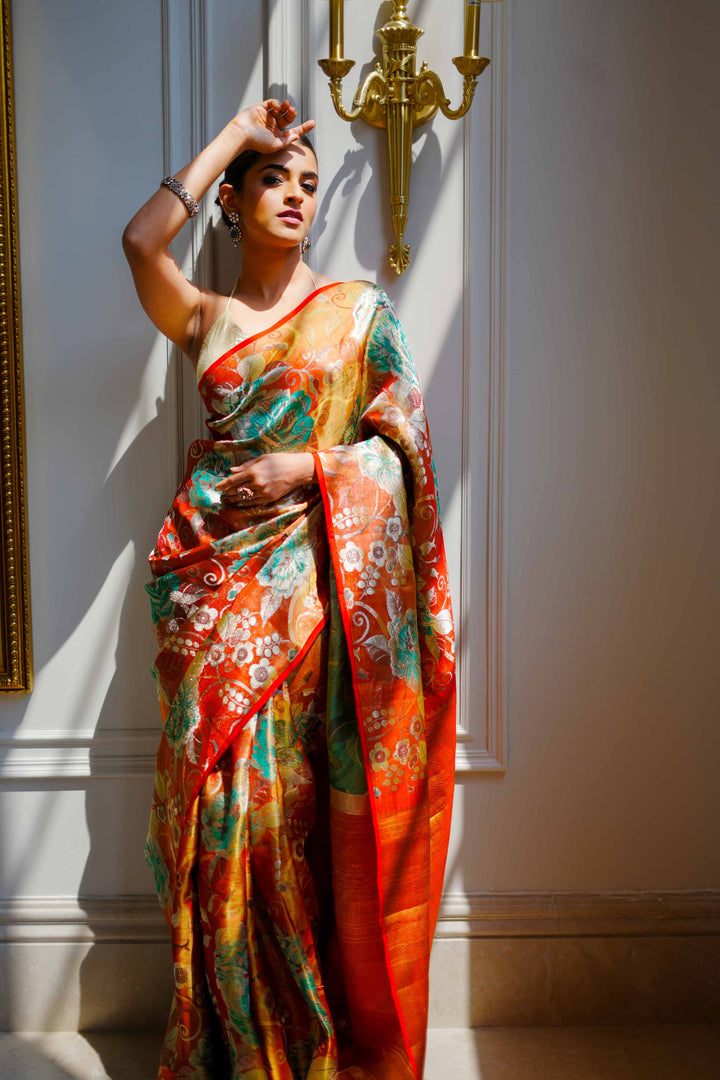 Neerus Rust Pure Silk Saree with Blouse