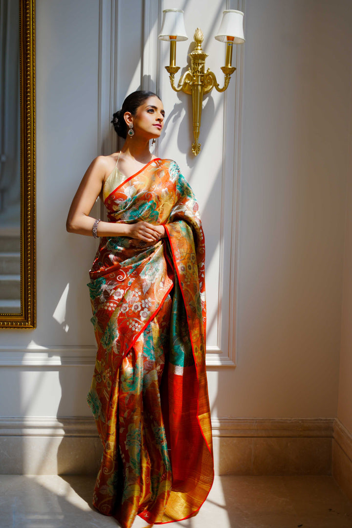 Neerus Rust Pure Silk Saree with Blouse