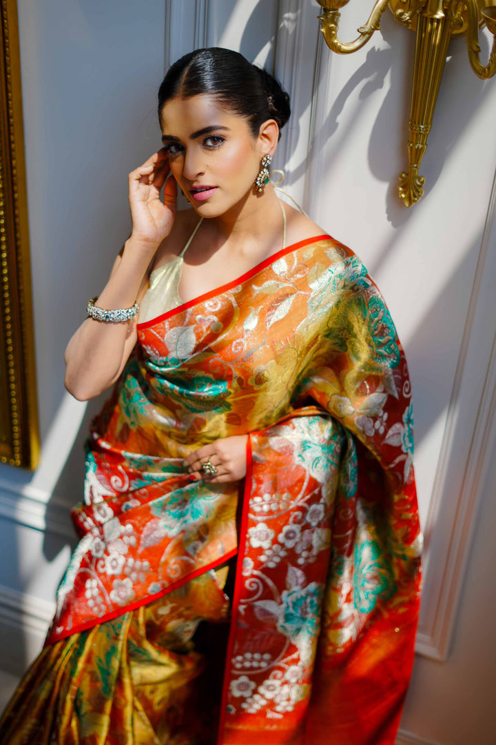 Neerus Rust Pure Silk Saree with Blouse