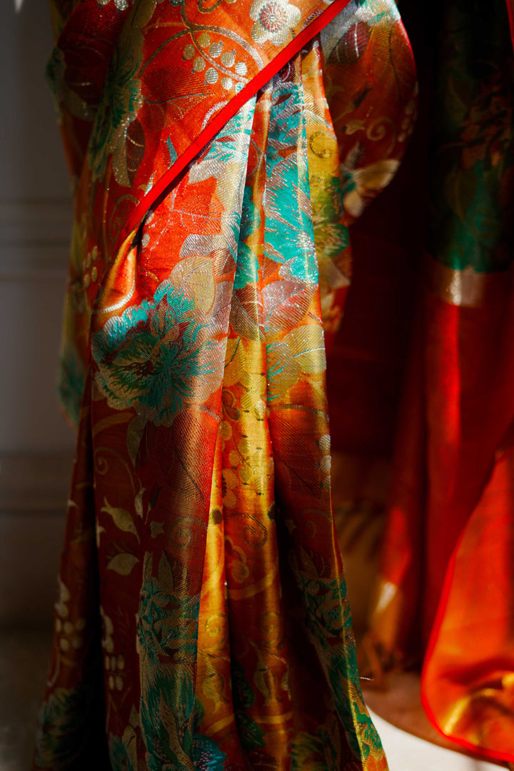 Neerus Rust Pure Silk Saree with Blouse