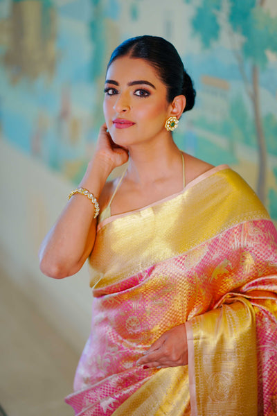 Neerus Golden Pink Pure Silk Saree with Blouse
