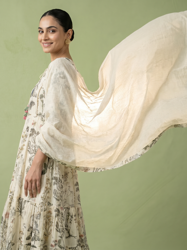 Cream Cotton Floral Printed Three Piece Set