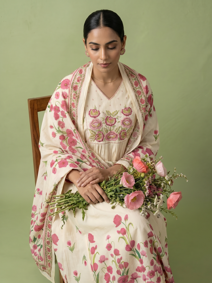 Cream Cotton Floral Printed And Thread Embroidery Three Piece Set