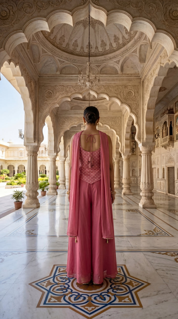 Neerus Pink tissue thread embroidered suit set - side view