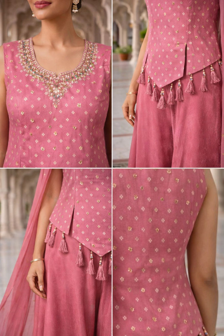 Neerus Pink tissue thread embroidered suit set - detail view 2