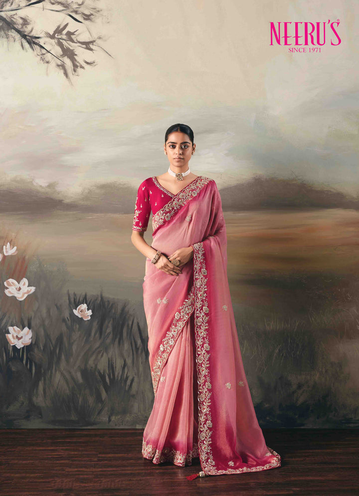 Pink Tissue Saree With Hand Embroidery Work