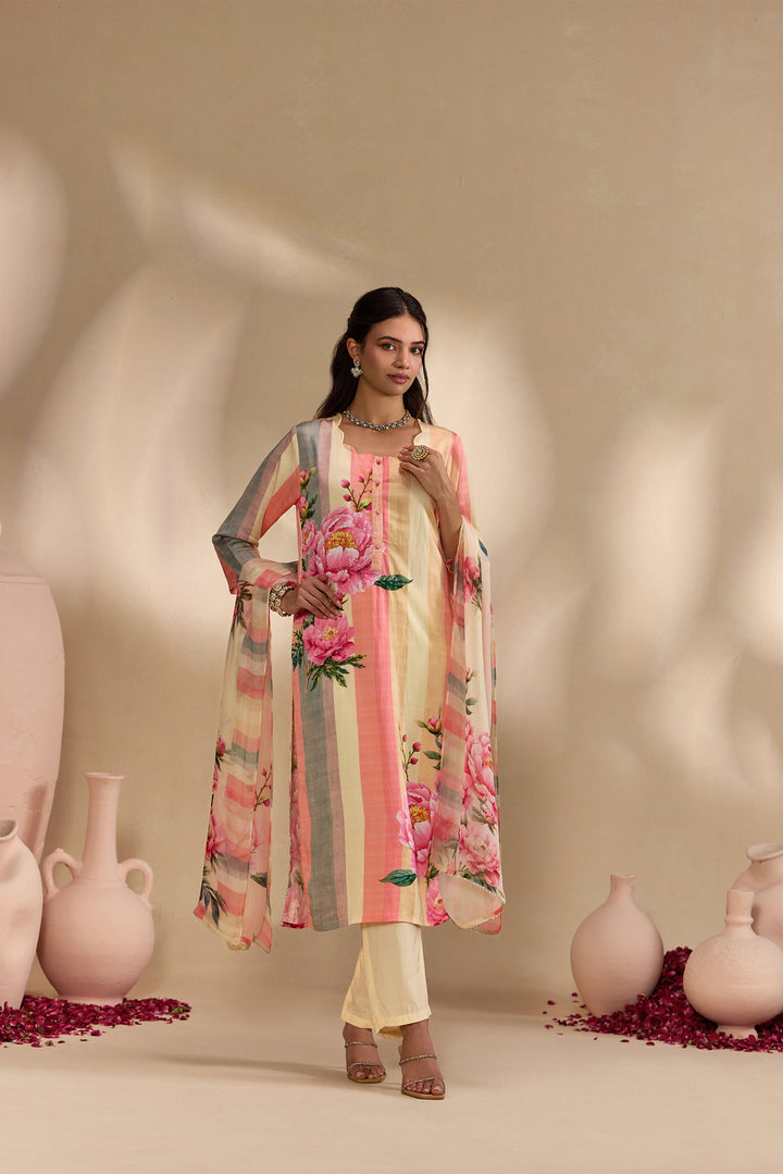 Peach Linen Rose Floral Printed Three Piece Set