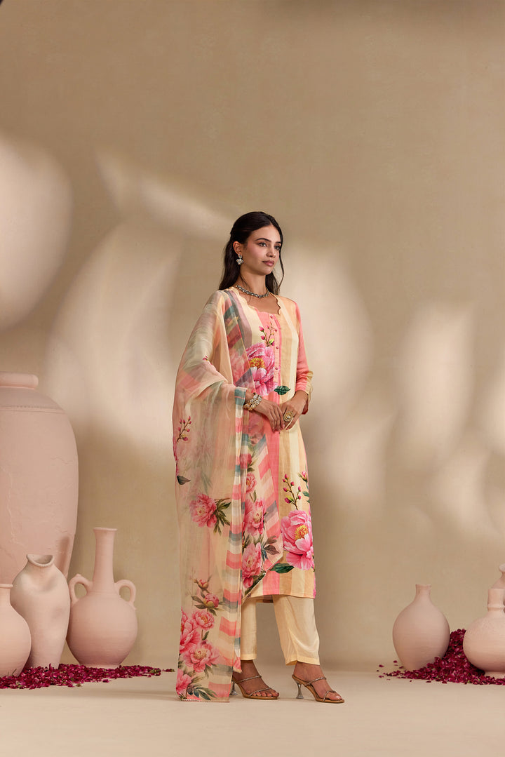Peach Linen Rose Floral Printed Three Piece Set