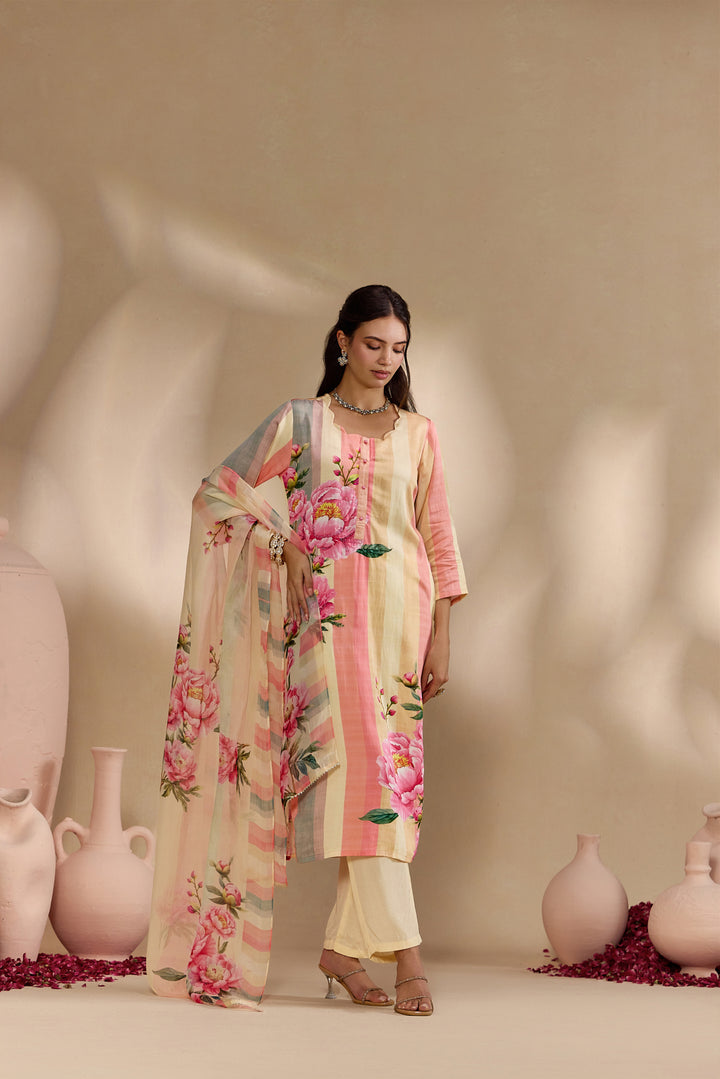 Peach Linen Rose Floral Printed Three Piece Set