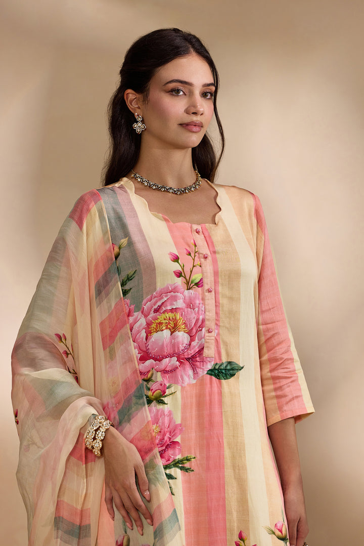 Peach Linen Rose Floral Printed Three Piece Set