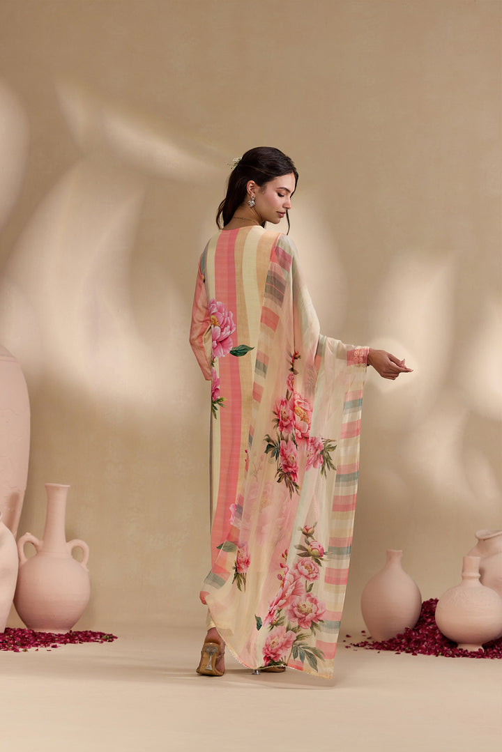 Peach Linen Rose Floral Printed Three Piece Set