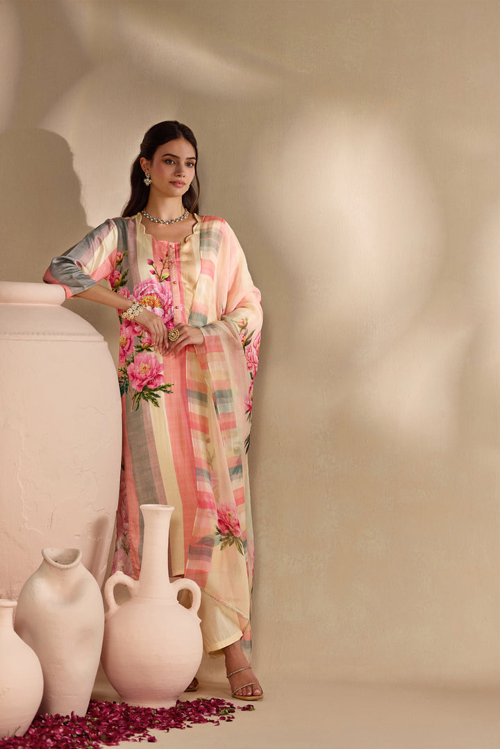 Peach Linen Rose Floral Printed Three Piece Set