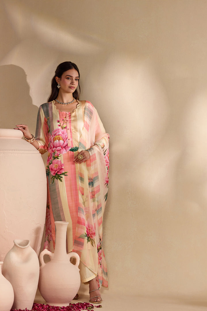 Peach Linen Rose Floral Printed Three Piece Set