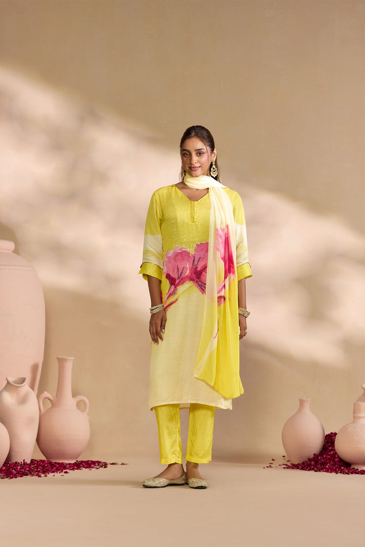 Lemon Linen Floral Embroidered Three Piece Set