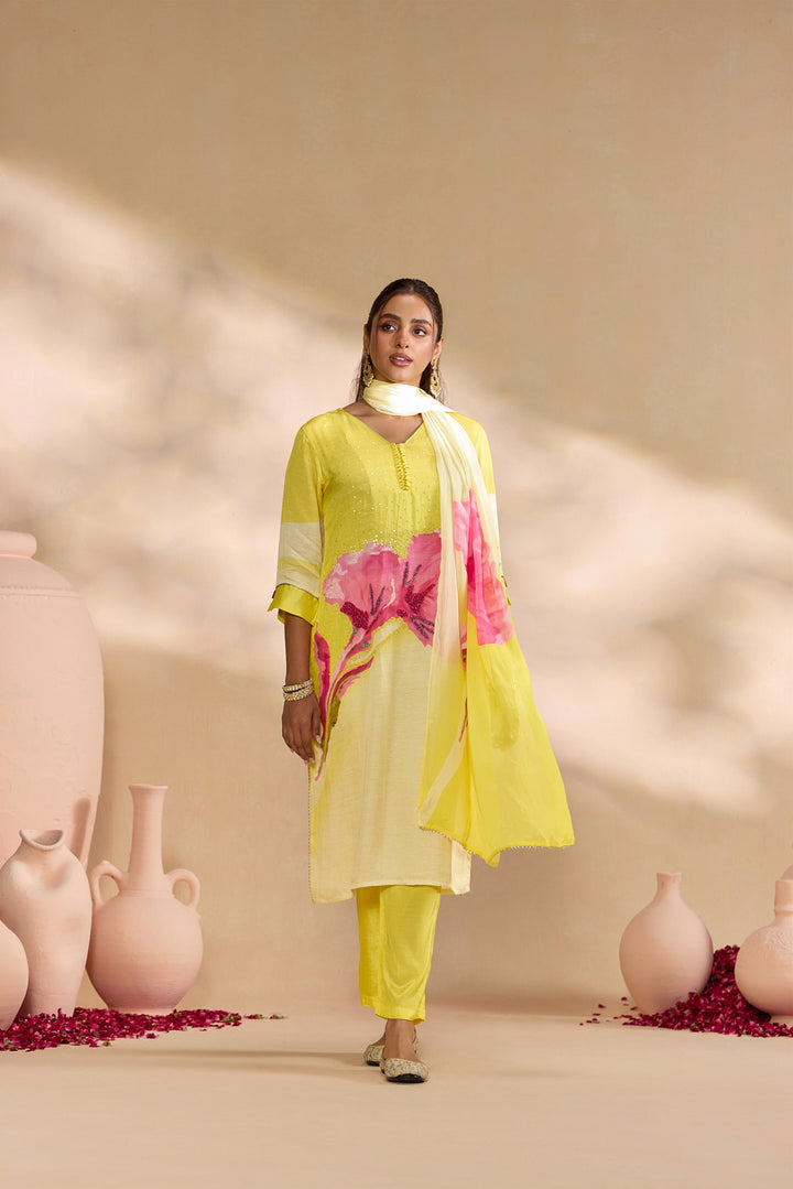 Lemon Linen Floral Embroidered Three Piece Set
