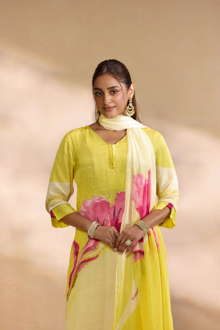 Lemon Linen Floral Embroidered Three Piece Set
