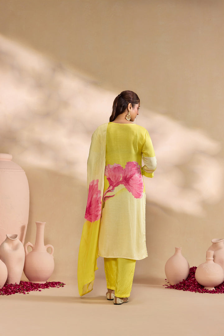 Lemon Linen Floral Embroidered Three Piece Set