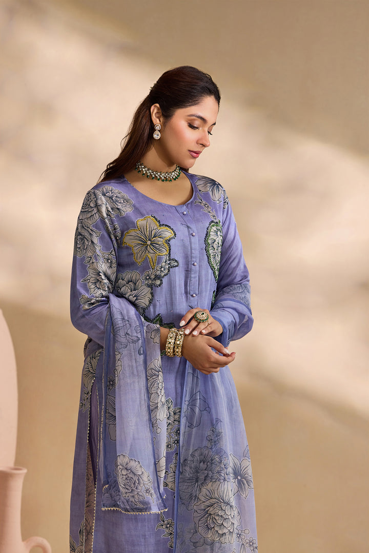Lavender Linen Floral Bloom Printed Three Piece Set