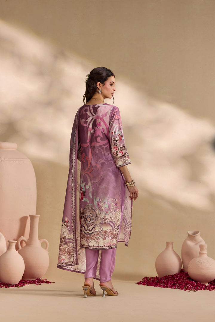 Lilac Silk Ethnic Motif Printed Three Piece Set