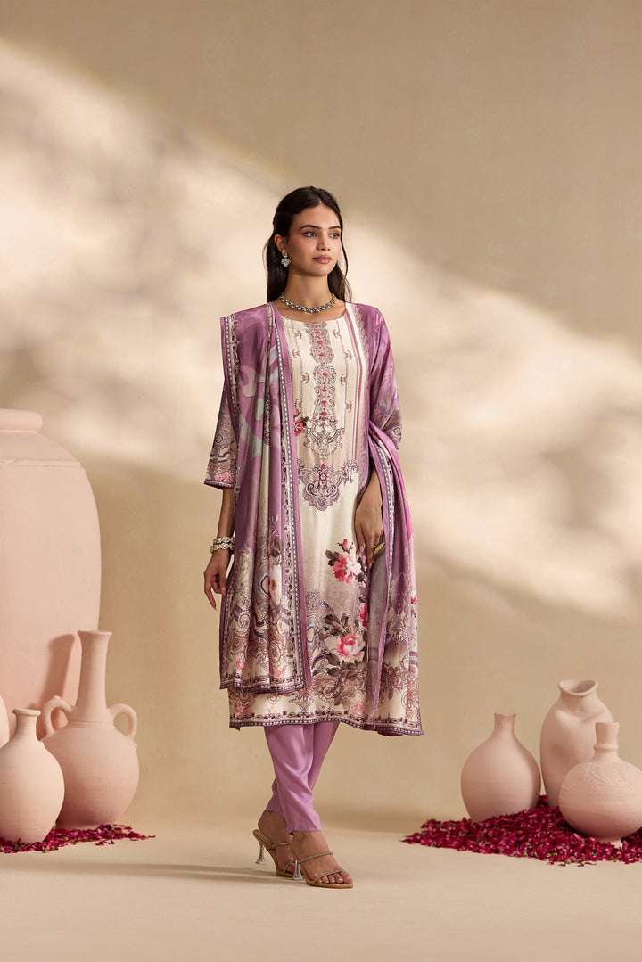 Lilac Silk Ethnic Motif Printed Three Piece Set