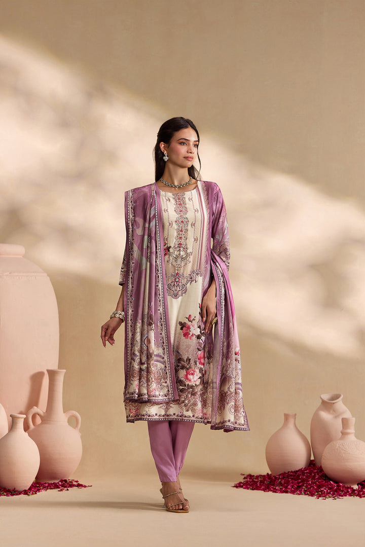 Lilac Silk Ethnic Motif Printed Three Piece Set