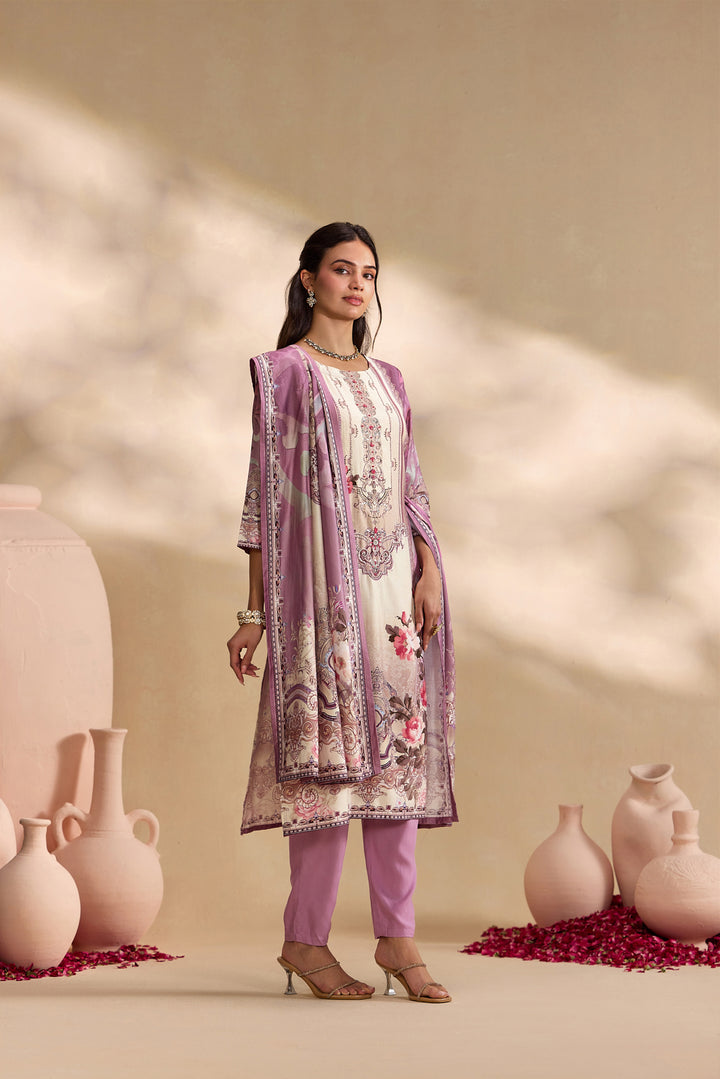 Lilac Silk Ethnic Motif Printed Three Piece Set
