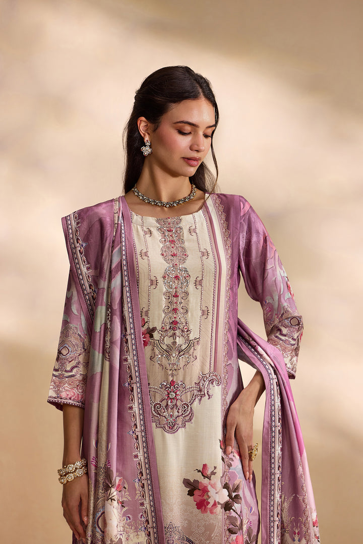 Lilac Silk Ethnic Motif Printed Three Piece Set