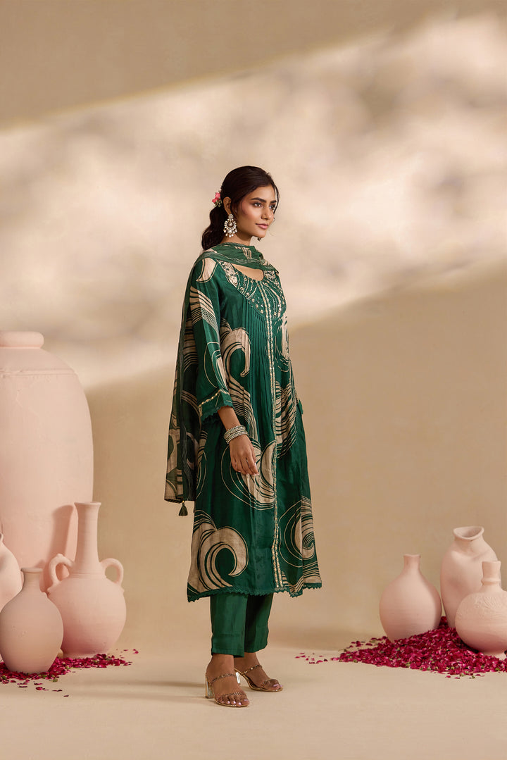 Bottle Green Chanderi Abstract Swirl Printed Three Piece Set