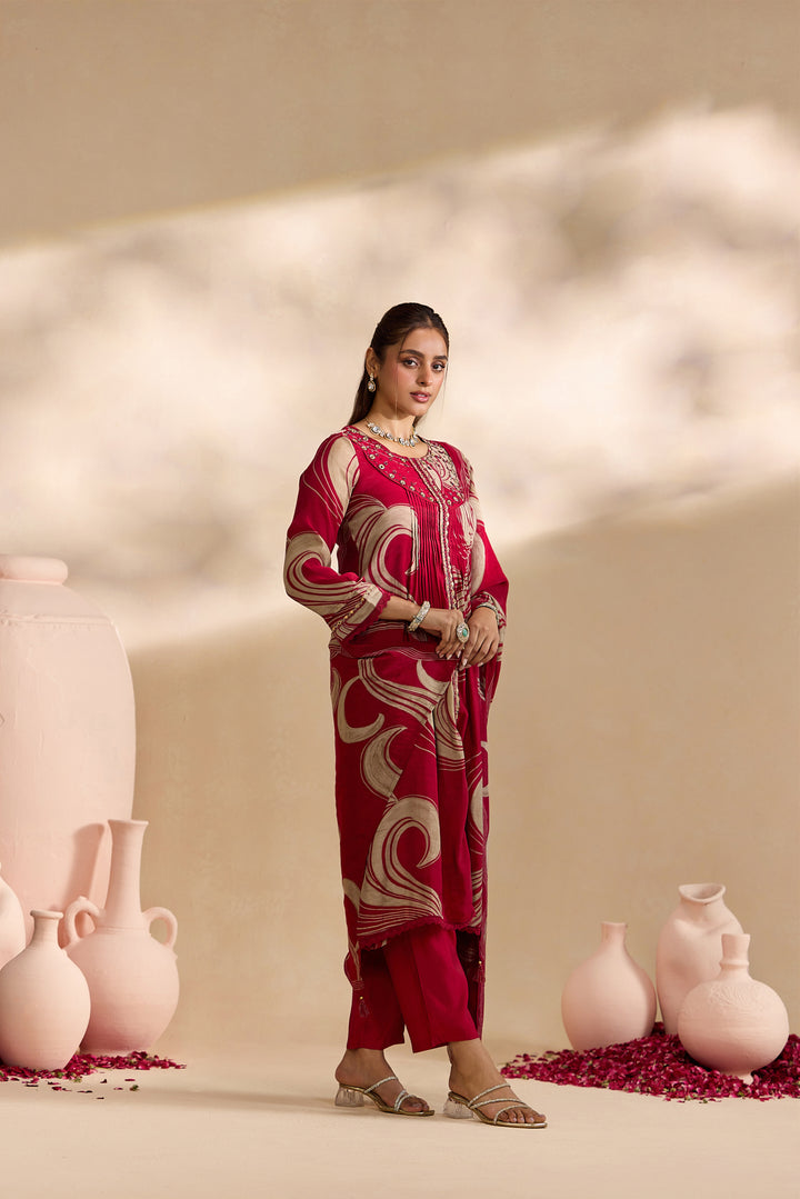Maroon Chanderi Abstract Swirl Printed Three Piece Set