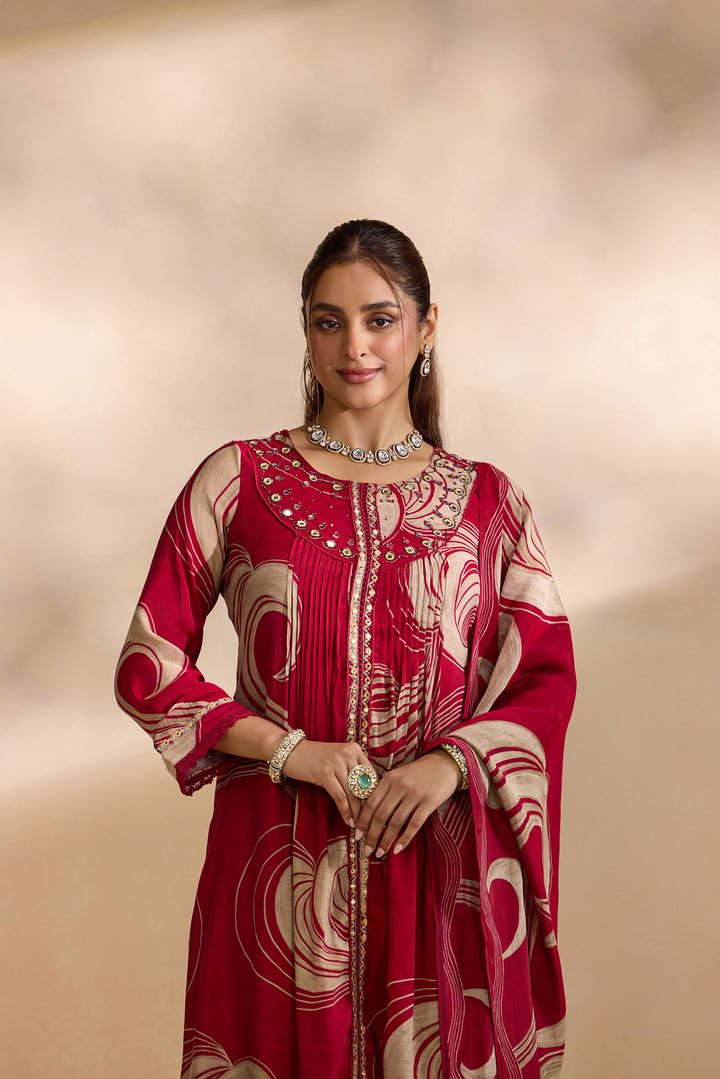 Maroon Chanderi Abstract Swirl Printed Three Piece Set