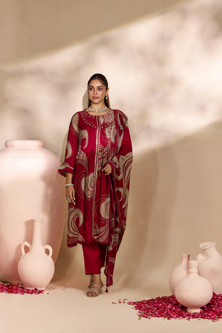 Maroon Chanderi Abstract Swirl Printed Three Piece Set