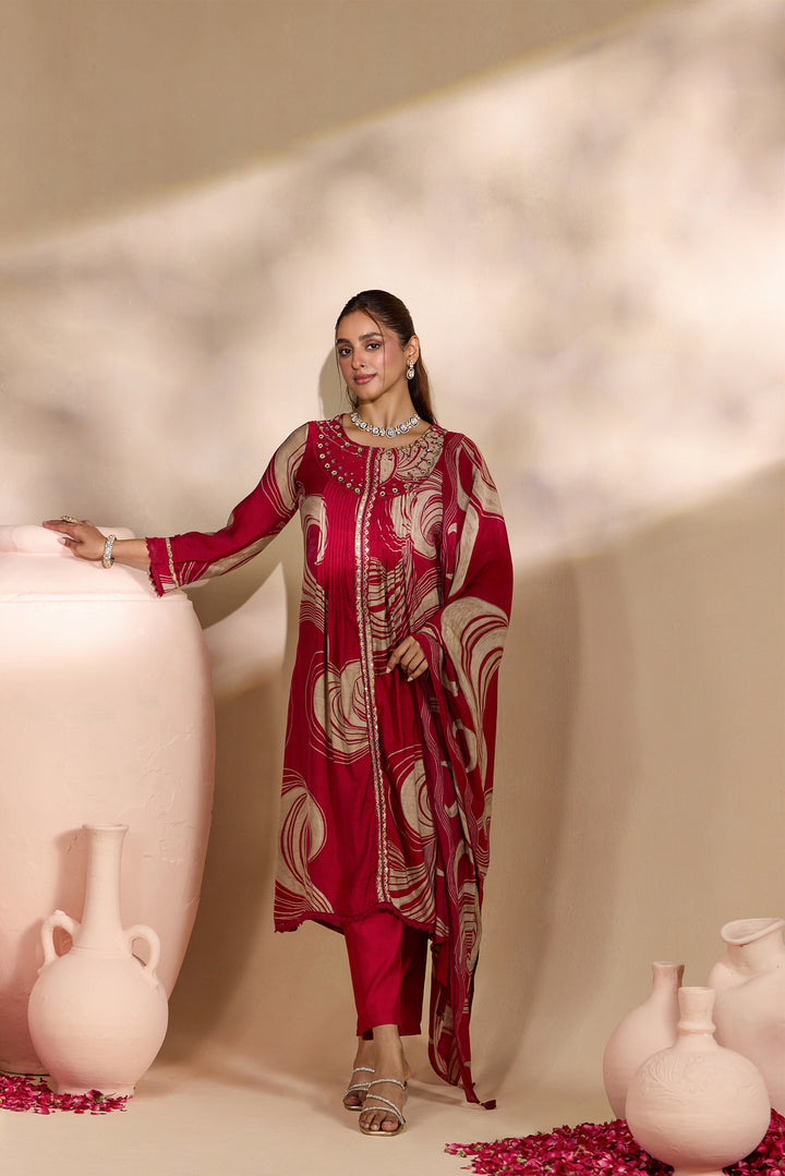 Maroon Chanderi Abstract Swirl Printed Three Piece Set