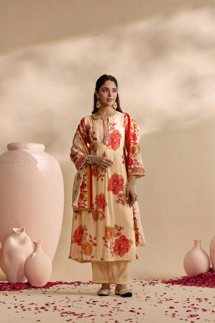 Red Muslin Large Floral Digital Printed Three Piece Set