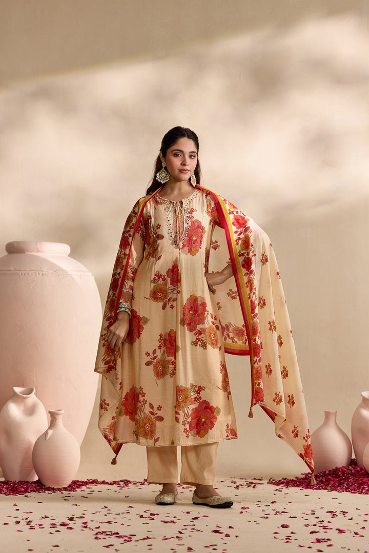Red Muslin Large Floral Digital Printed Three Piece Set