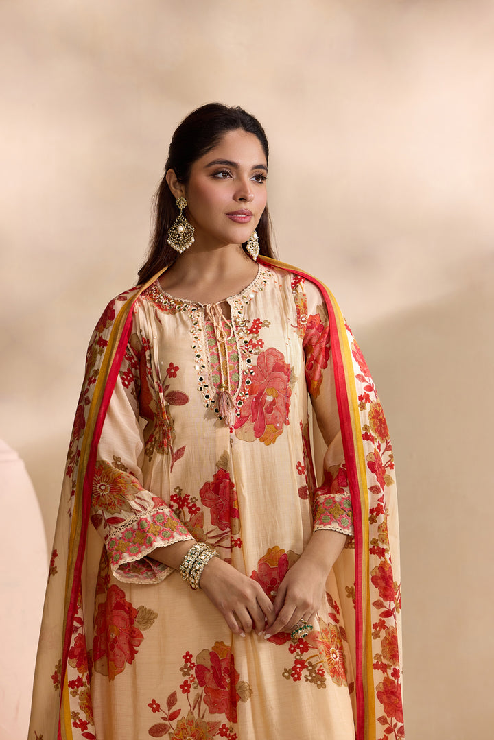 Red Muslin Large Floral Digital Printed Three Piece Set