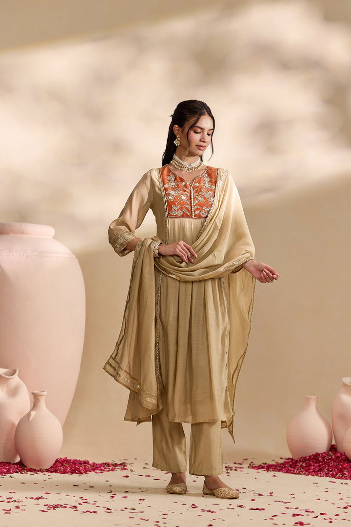 Rust Chanderi Zari Embroidered Three Piece Set